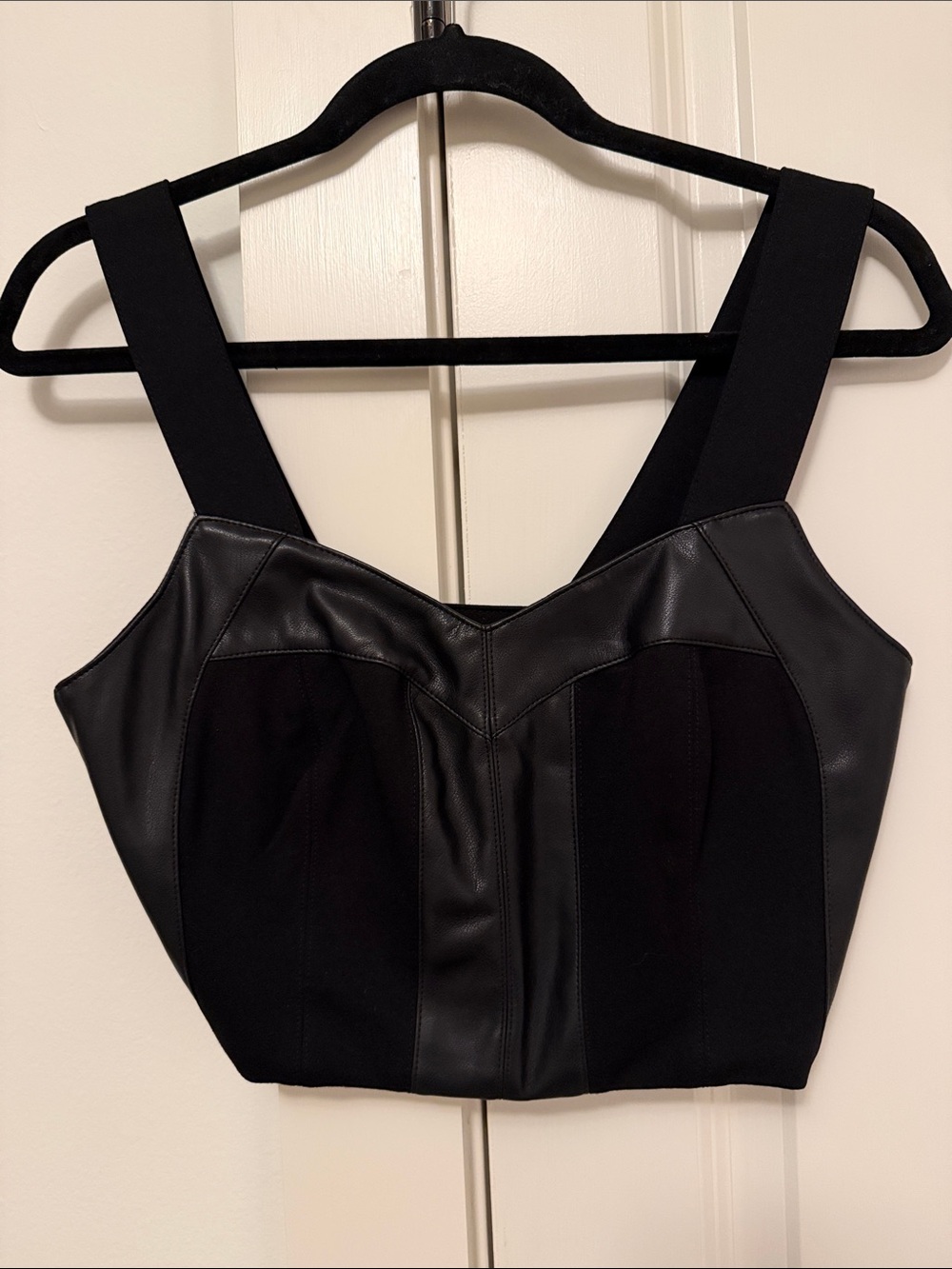 Cabi Black Faux Leather Panel Crop Top